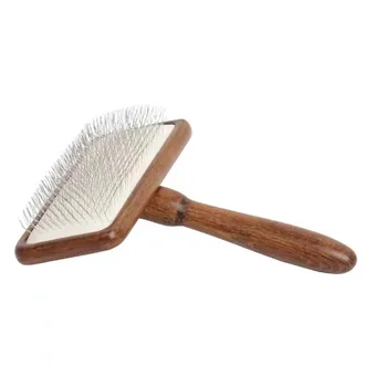 Pet slicker grooming brush with polished wooden handle and fine metal pins, angled on a white background