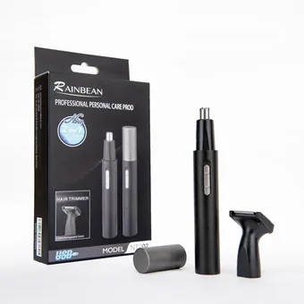 Black nose hair trimmer with stainless steel tip, cap and eyebrow head shown beside its retail box on white background
