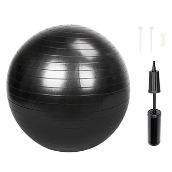 Black thickened explosion-proof yoga ball with hand pump and white plug accessories on white background
