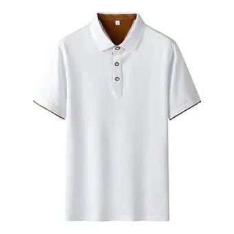 White cotton polo shirt with brown collar lining and cuff trim, front view on plain white background