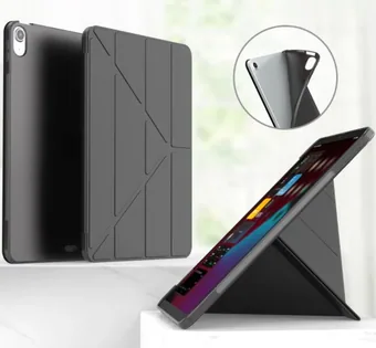 Black iPad TPU protective case with stand and built-in magnet placed on a desk
