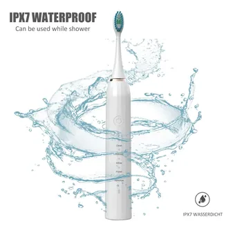 White sonic electric toothbrush standing upright amid swirling water splash graphics with IPX7 waterproof text