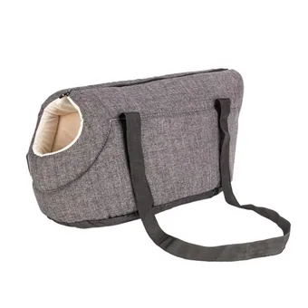 Grey fabric pet carrier tote with plush cream interior opening and shoulder strap on white background