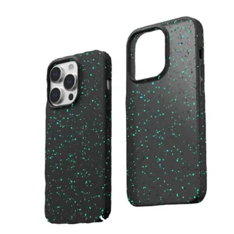 Two black recycled silicone phone cases with teal speckles shown from front and back on a white background