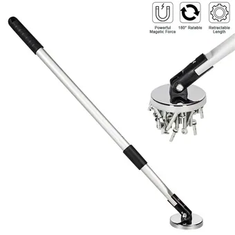 Magnetic pickup tool with long telescopic handle and round magnet base lifting screws, with close-up of the magnet head