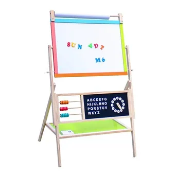Multifunction wooden kids art easel with whiteboard, blackboard, abacus, and storage shelf