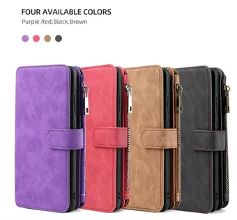 Four wallet phone cases in purple, red, brown and black with zippers and card slots on a white background