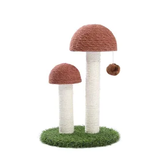 Two mushroom-shaped cat scratching posts with brown sisal caps and white rope stems on a grass base, with a dangling ball toy