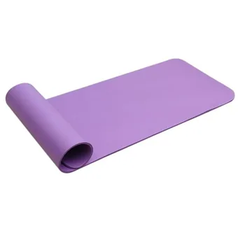 Purple NBR yoga mat partially rolled up on a plain white background
