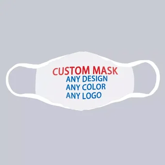 White face mask with red and blue text reading Custom Mask, Any Design, Any Color, Any Logo on gray background