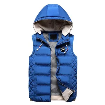 Blue quilted hooded padded vest with front zipper open showing beige fleece lining, on white background