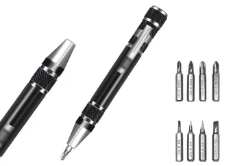 Two black pen-style aluminum screwdriver pens with eight labeled screwdriver bits on a white background