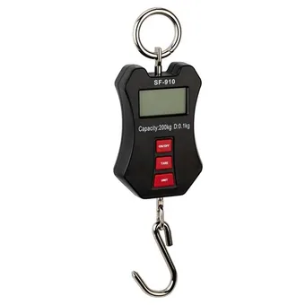 Black SF-910 digital hanging crane scale with LCD screen, red buttons, top ring and steel hook, 200kg capacity