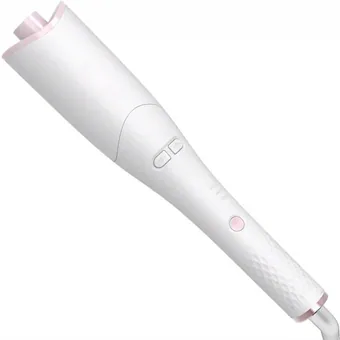 White and pink portable curling iron with rotating ceramic barrel and control buttons on a white background