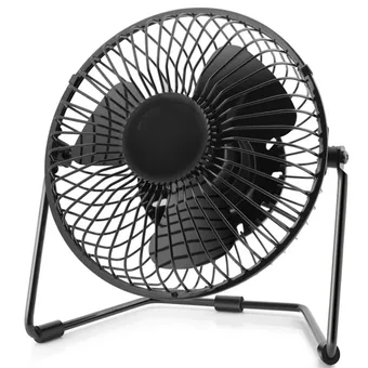 Black portable mini desk fan with round metal grille, blades and folding stand, shown on a white background