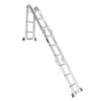 Silver aluminum 12-step multipurpose folding ladder set in angled A-frame extension position on a white background