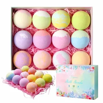 Natural essential oil spa bubble cake bath bomb gift set in a branded box on a bathroom counter