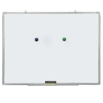 Aluminum-framed magnetic dry-erase whiteboard with blue and green magnets and a marker tray