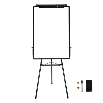 Black-framed magnetic dry-erase whiteboard on a tripod stand with magnets, marker and eraser beside it