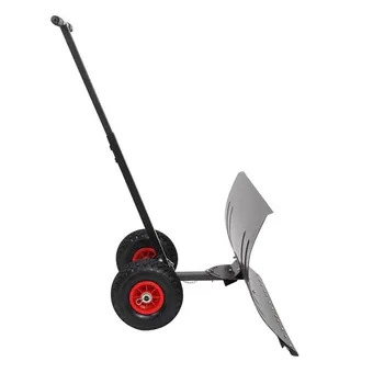Wheeled manual snow plow with long black push handle, curved grey blade, and two black tires with red hubs on white background