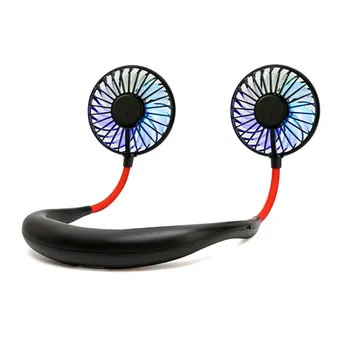 Black and red wearable neck fan with two fan heads on flexible arms, shown on a plain white background