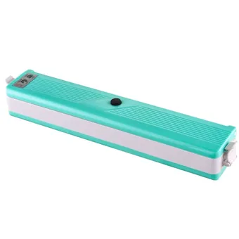 Teal and white handheld vacuum sealer machine on a plain white background.