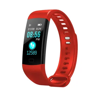 Red waterproof smart fitness band with black touchscreen showing time, date and step count, on white background