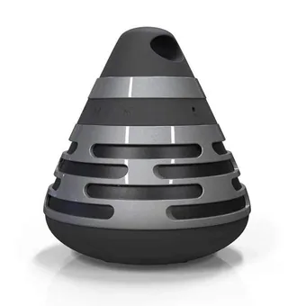 Grey cone-shaped portable Bluetooth speaker with horizontal grille slots and loop handle, photographed on a white background