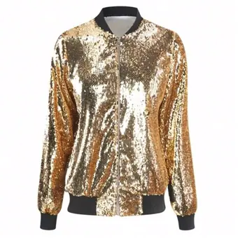 Gold sequin bomber jacket with long sleeves, zipper front, black ribbed collar and cuffs, shown flat on a white background