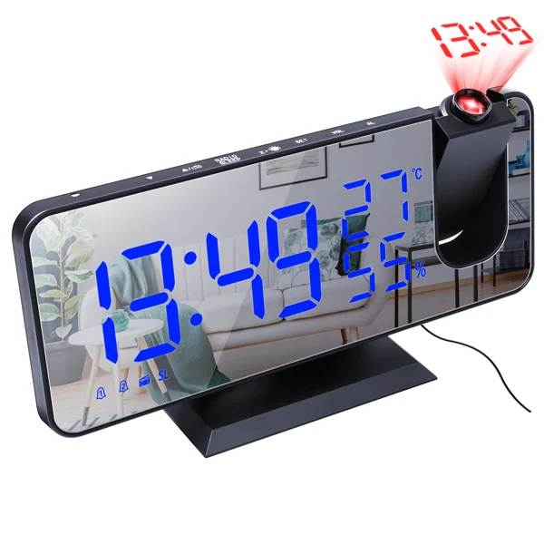 Black mirror-surface digital alarm clock showing 13:49 in blue LED with temperature, humidity and red time projection