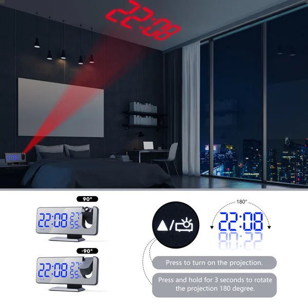 Diagram showing a digital alarm clock's projection angles and instructions for turning it on and rotating the display.