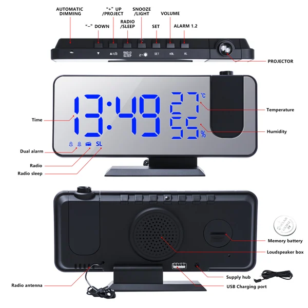 Top-down view of the clock with the USB port and FM radio antenna exposed