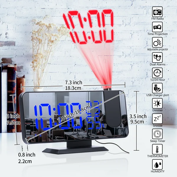 Clock next to a mirror and a phone, showing its dual use as a makeup mirror and device charger