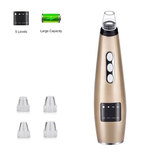 Gold rechargeable blackhead vacuum remover with four clear suction heads and 5-level battery feature icons