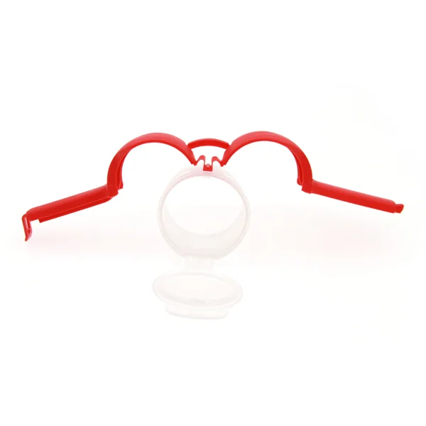 Red plastic bag sealing clip with round transparent pour spout on a white background