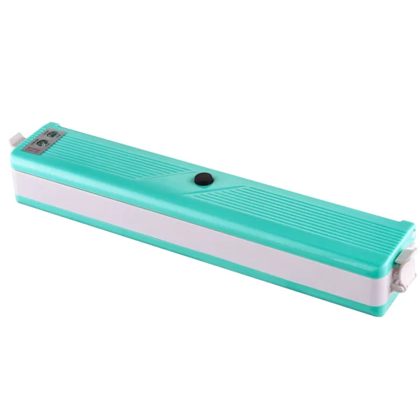 Teal and white handheld vacuum sealer machine on a plain white background.