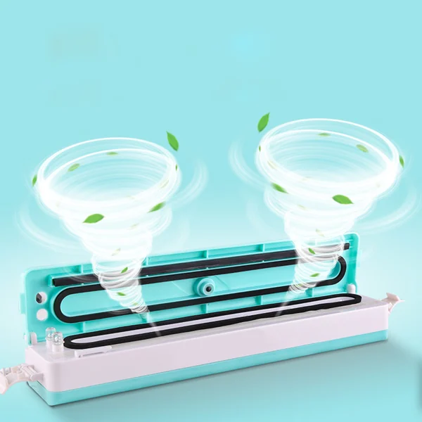 Hand placing a plastic bag into the sealing groove of the vacuum sealer