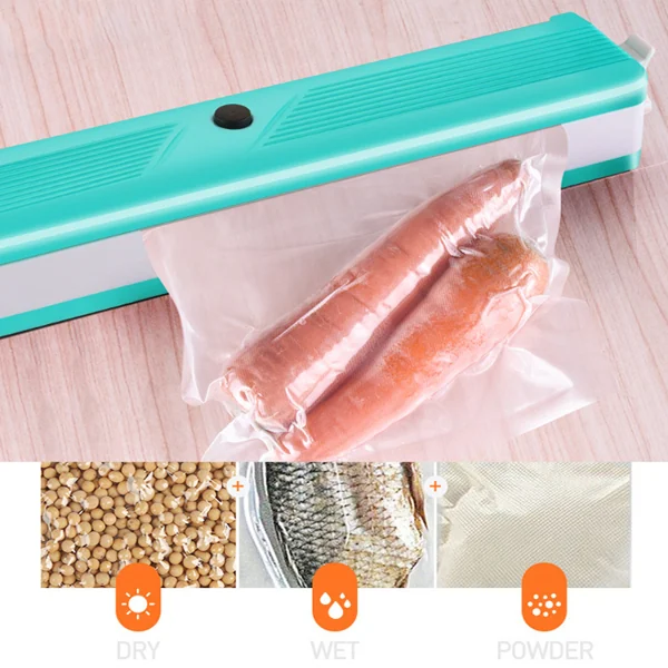 Teal vacuum food sealer machine sealing a plastic bag of carrots, with dry, wet and powder mode icons below