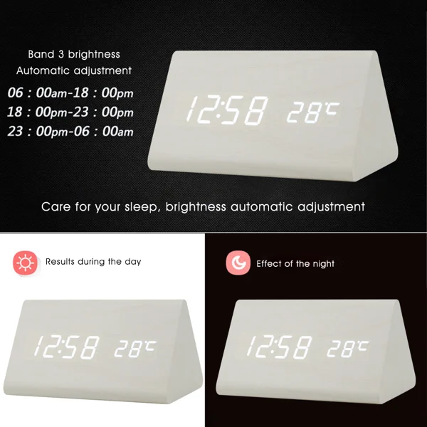 White triangle LED digital alarm clock showing 12:58 and 28C, compared in day and night brightness modes
