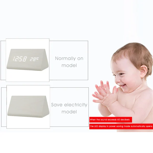 Triangle LED digital alarm clock shown in always-on and power-saving modes with time 12:58 and 28C, next to a clapping baby