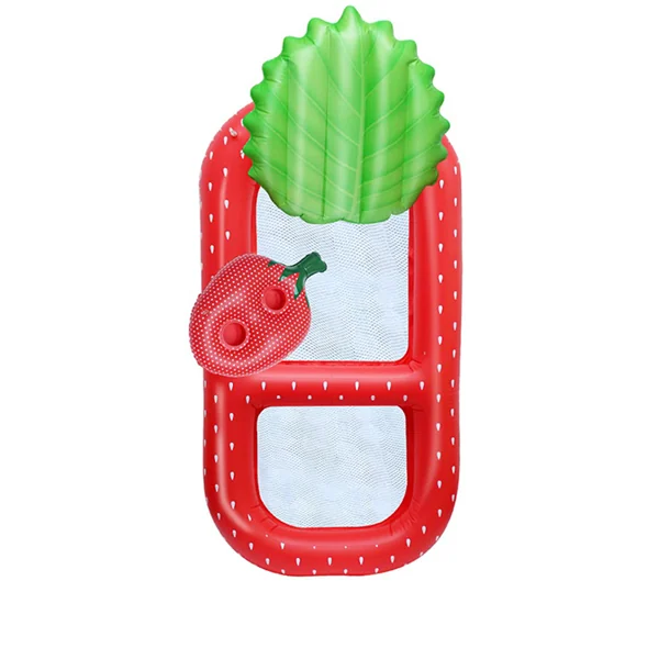 Red strawberry-shaped inflatable pool float lounge chair with green leaf top and white mesh seating areas.
