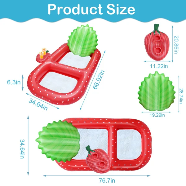 Size diagram of a strawberry-shaped inflatable floating lounge chair with dimensions labeled in inches