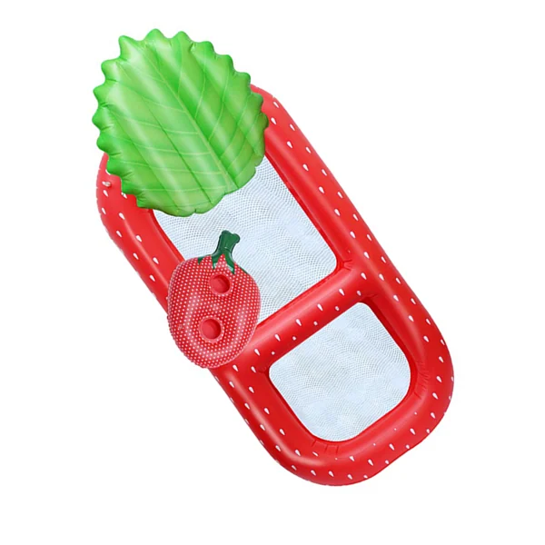 Red strawberry-themed inflatable pool lounge float with green leaf headrest, white mesh seats, and strawberry-shaped pillow