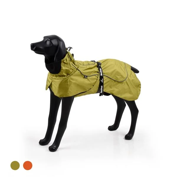 Black dog mannequin wearing an olive waterproof jacket with reflective trim on a white background