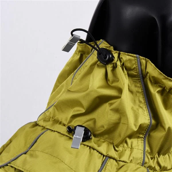 Close-up of an olive green waterproof dog jacket hood with black drawstring toggles and reflective trim on a mannequin