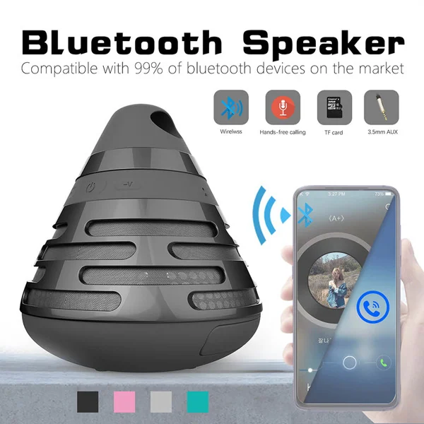 Cone speaker diagram showing wireless features and compatibility with 99% of Bluetooth devices.