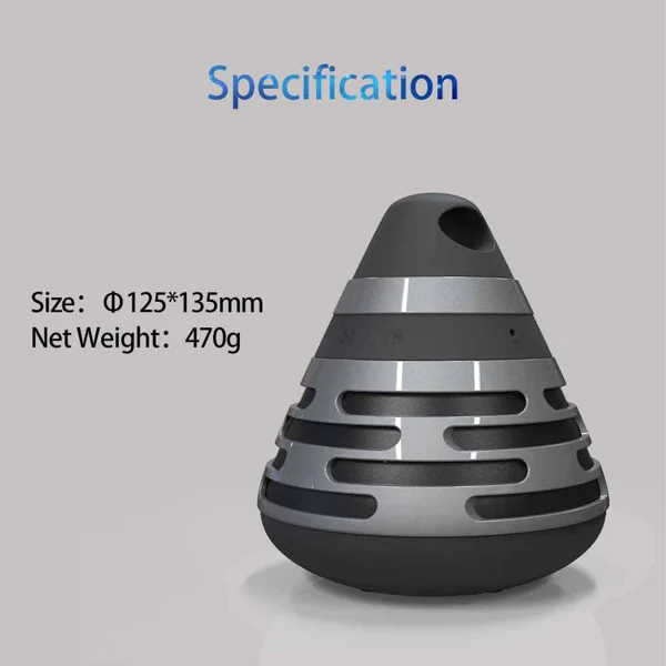 Cone-shaped gray and black portable Bluetooth speaker shown with size and net weight specifications