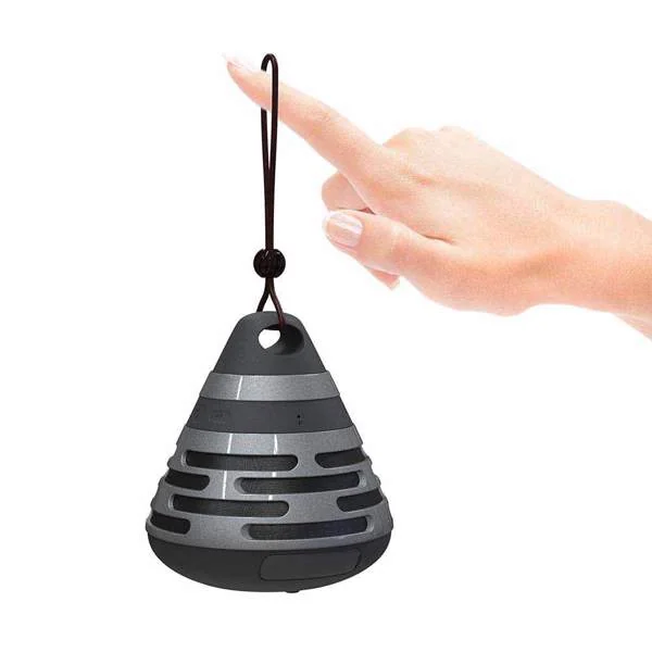 Speaker in a party setting with people around a bonfire
