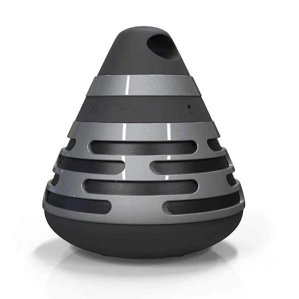 Grey cone-shaped portable Bluetooth speaker with horizontal grille slots and loop handle, photographed on a white background