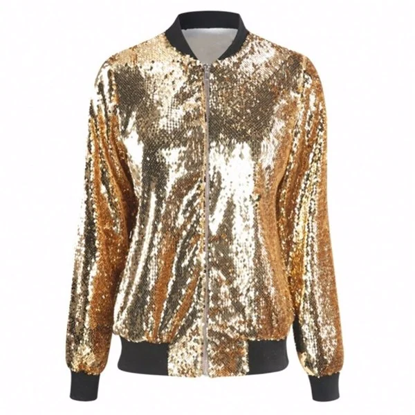 Gold sequin bomber jacket with long sleeves, zipper front, black ribbed collar and cuffs, shown flat on a white background